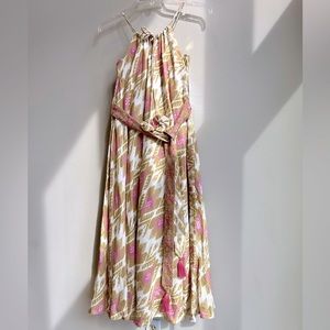 Nimo with Love Linen‎ Dress Bellflower Ikat Long Pocket Olive Pink Sundress